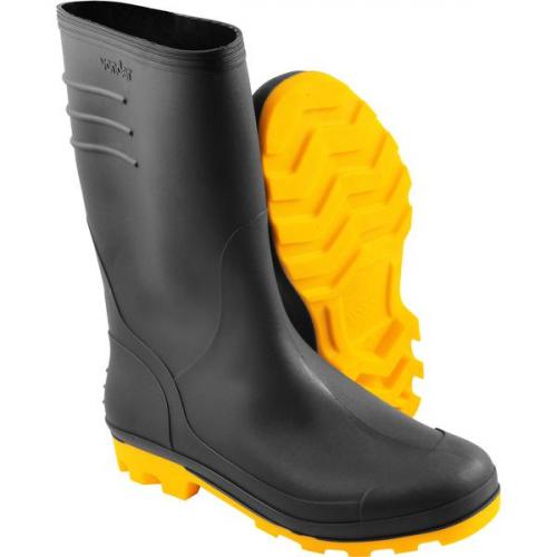 Bota de PVC preta com solado amarelo cano m�dio sem forro