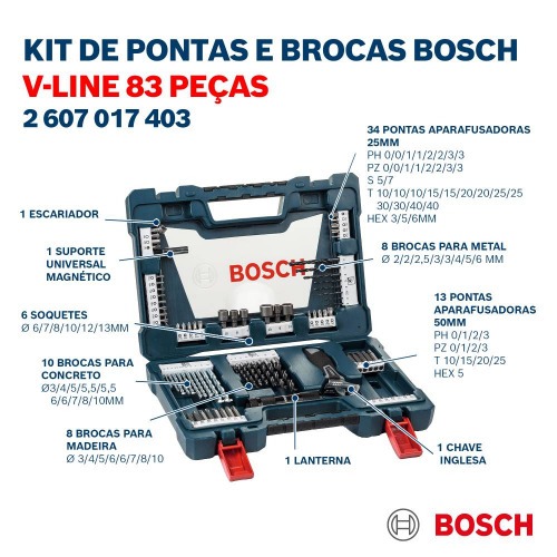 Jogo de brocas e acess�rios 83 pe�as com maleta - V-Line 