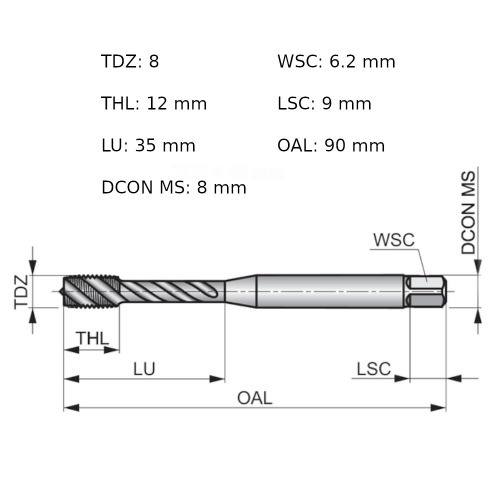 Macho m�quina a�o r�pido canal helicoidal M8 x 1,25 mm DIN 371 - EX00M8