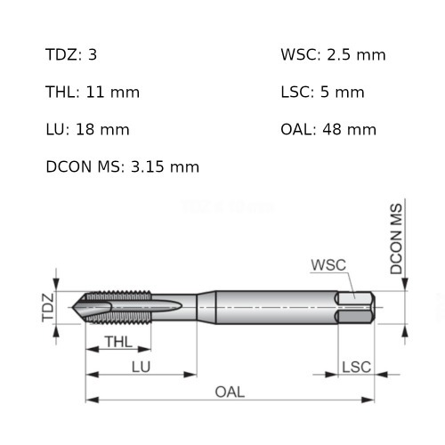 Macho m�quina a�o r�pido ponta helicoidal M3 x 0,5 mm - E556M3
